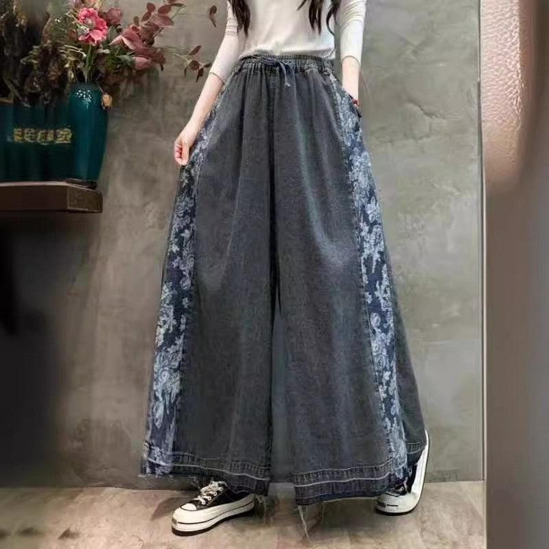 High-Waisted Denim Wide-Leg Trousers With Printed Belt