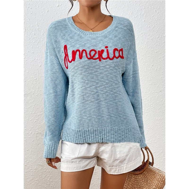 Long Sleeve Crewneck AMERICA Letters Casual Loose Knitted Sweater
