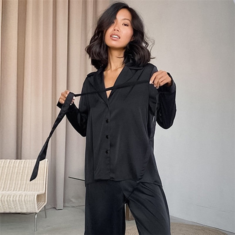 Solid Color Long Sleeve Lapel Buttoned Blouse and Side Slit Pants Two-Piece Homewear Pajama Set