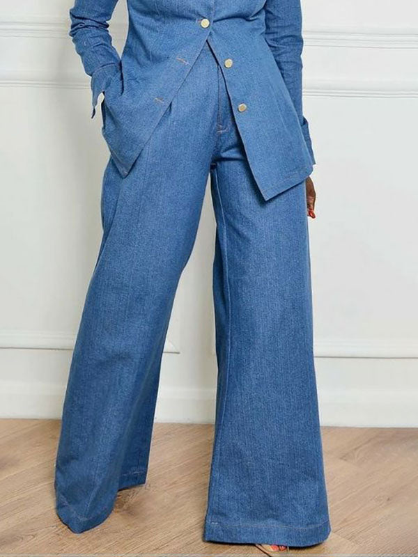 High-Waisted Loose Fit Jeans with Pockets and Lapel - Solid Color