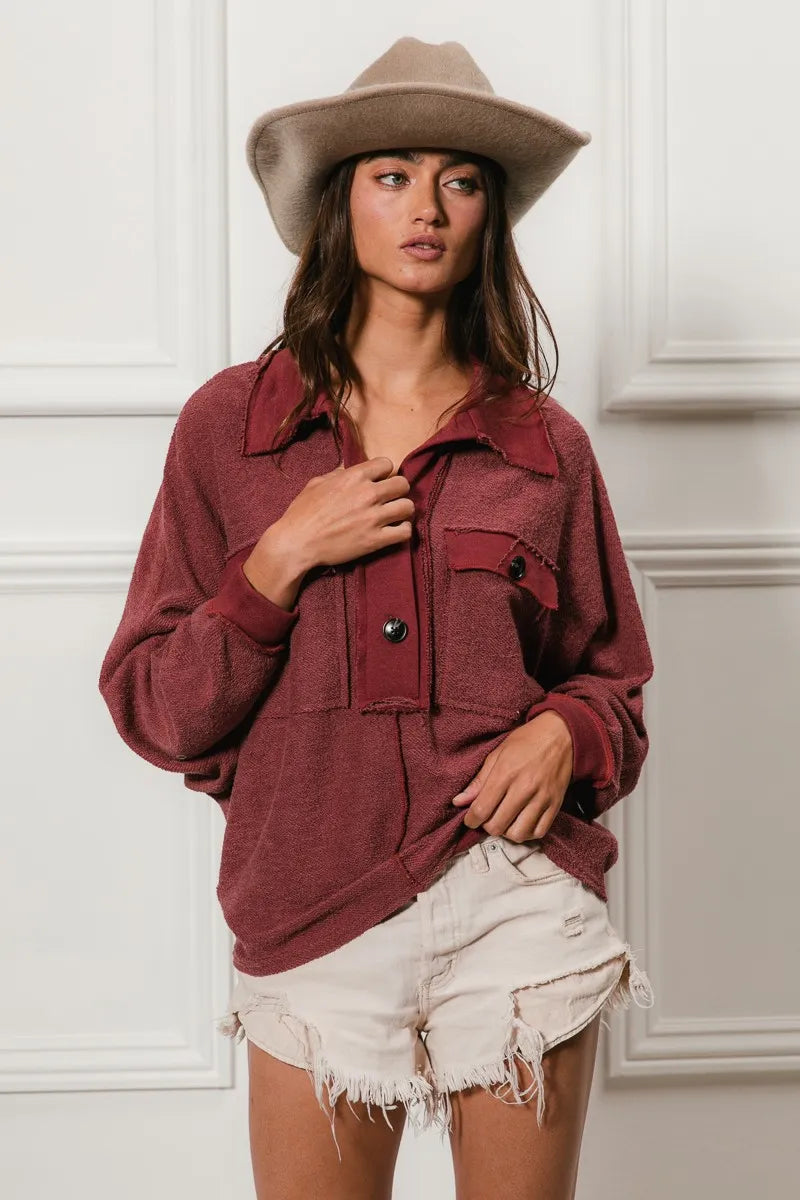 Cp French Terry Cut Edge Detail Collared Top