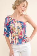 Allover Floral Print Smocked One Shoulder Blouse