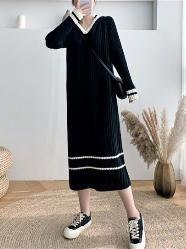 Urban Long Sleeves Loose Striped V-Neck Hooded Sweater Dresses