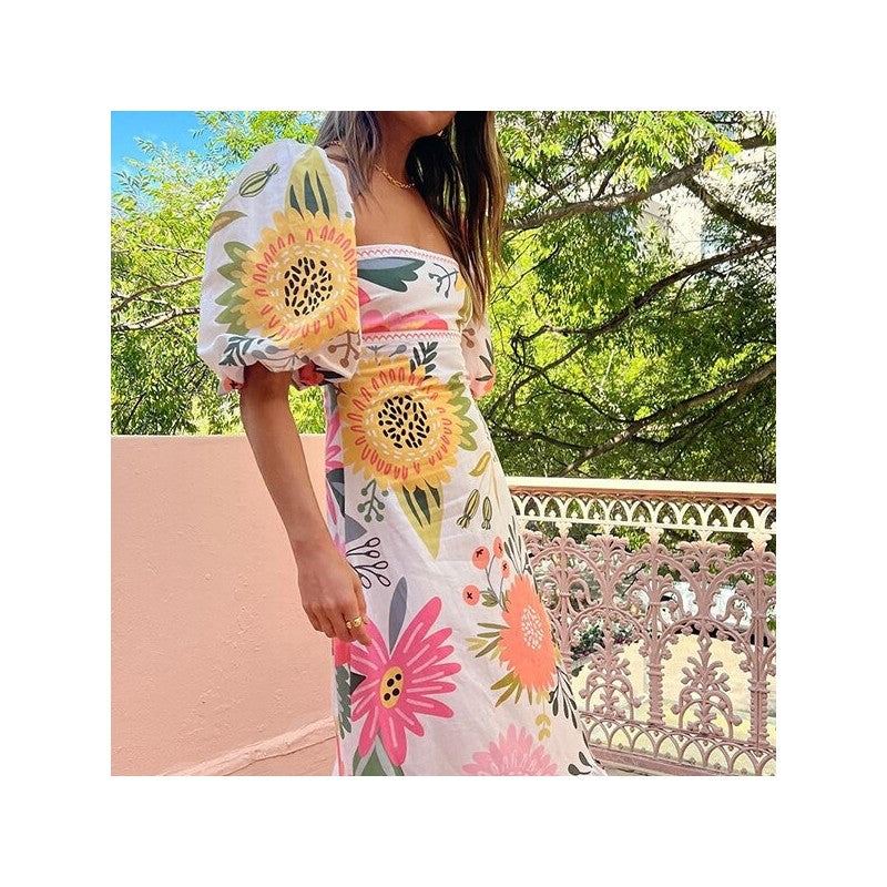 Flowy Printed Lantern Sleeve Swing Dress