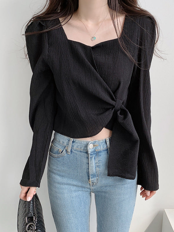 Original Solid Color Square-Neck Long Sleeves Tied Blouse