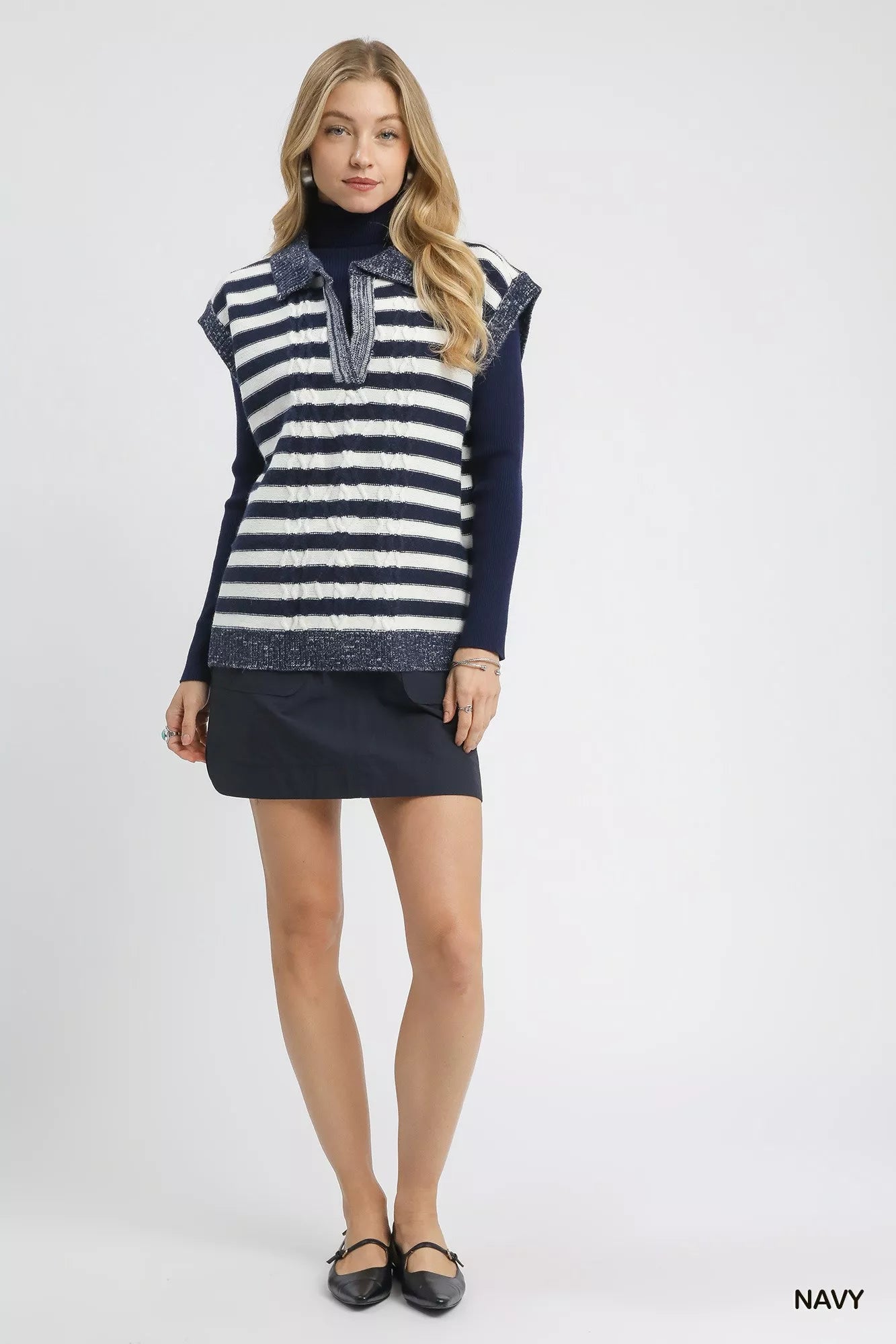 Cable Knit Collared Striped Vest Sweater