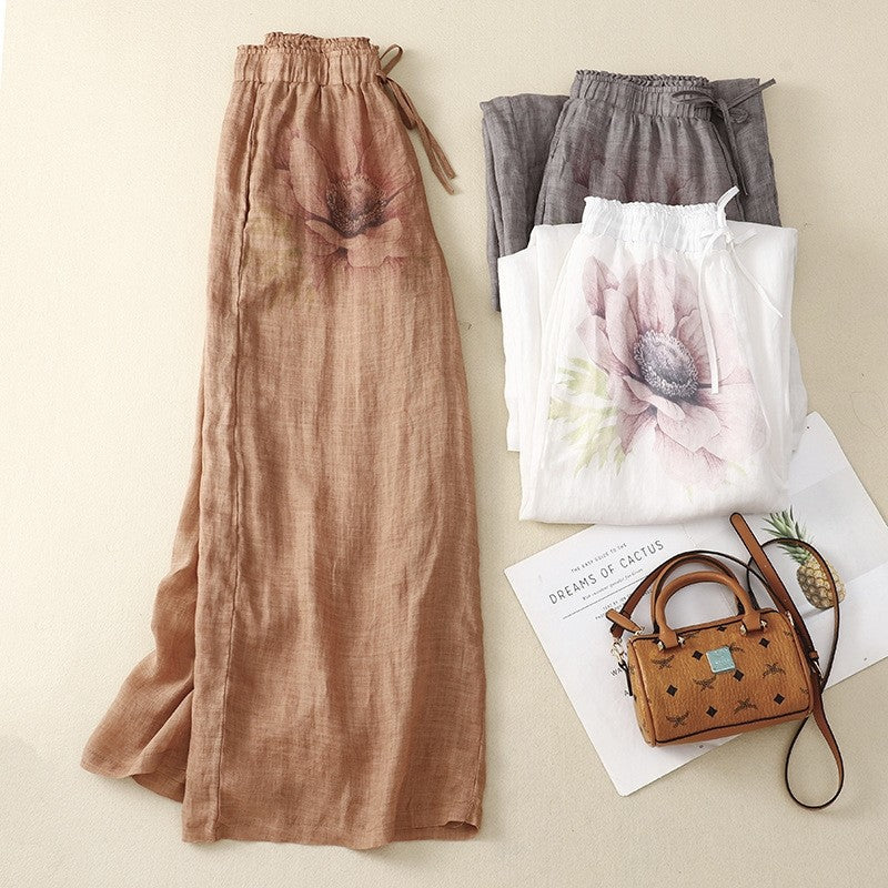 Vintage Women's Cotton Hemp Elastic Waist Lace-Up Wide Leg Trousers