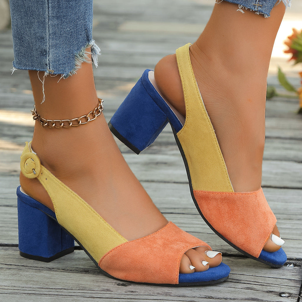 Women's Colorful Block Heel Sandals | Round Toe Suede Heels with Buckle Closure
