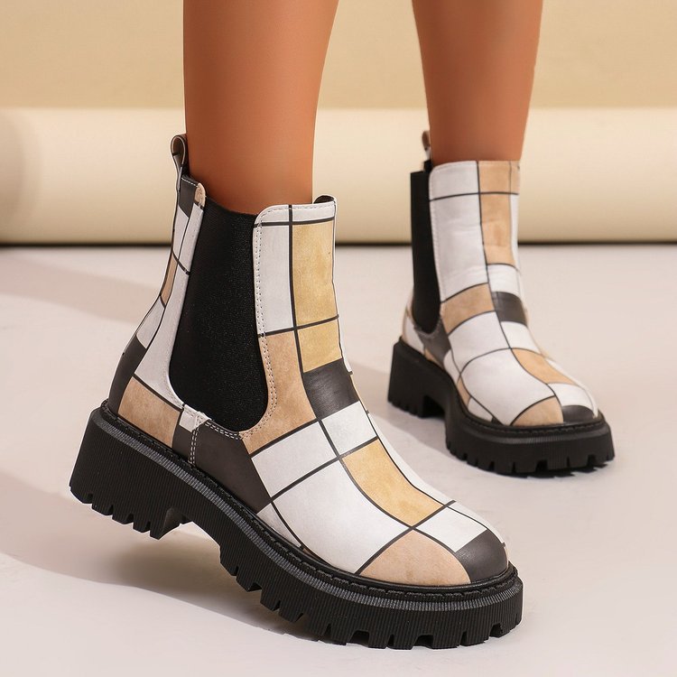 Women's Color Block Mid-Calf Boots - High Heel Slip-On Shaft Boots
