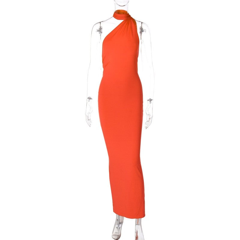 Solid Color Sleeveless Dress with Backless Design and Pleated Detailing