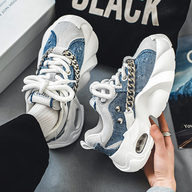 Men's Elevated Denim Sneakers - Thick Sole Casual Shoes with Height Boost