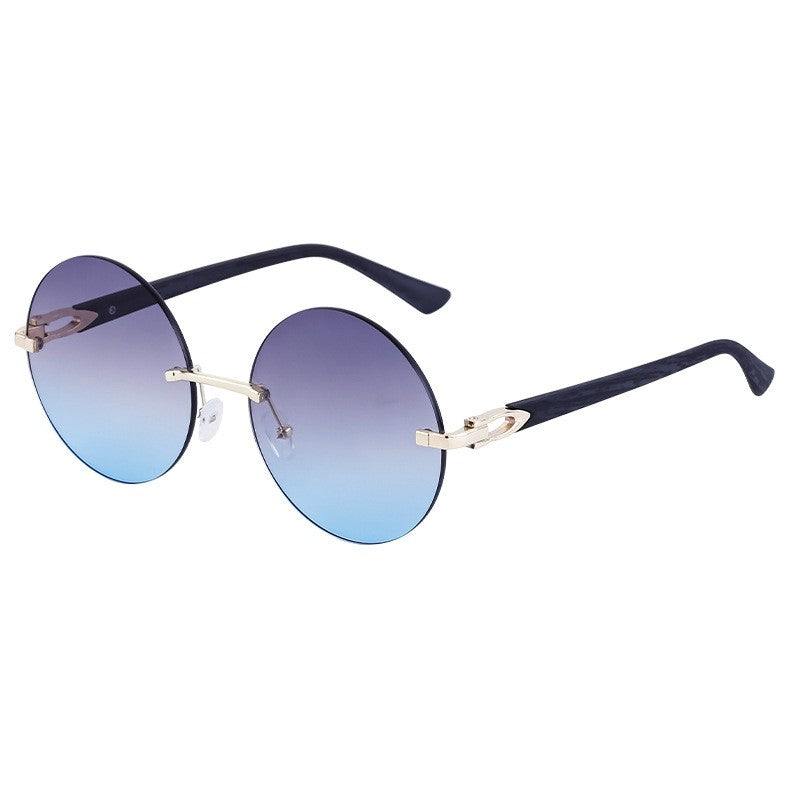 Ladies' Rimless Round Wood Grain Cut Edged Sunglasses