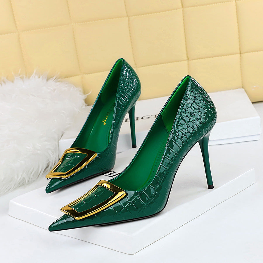 Women's Pointed-Toe High Heel Pumps with Metal Buckle - Elegant Stiletto Dress Shoes