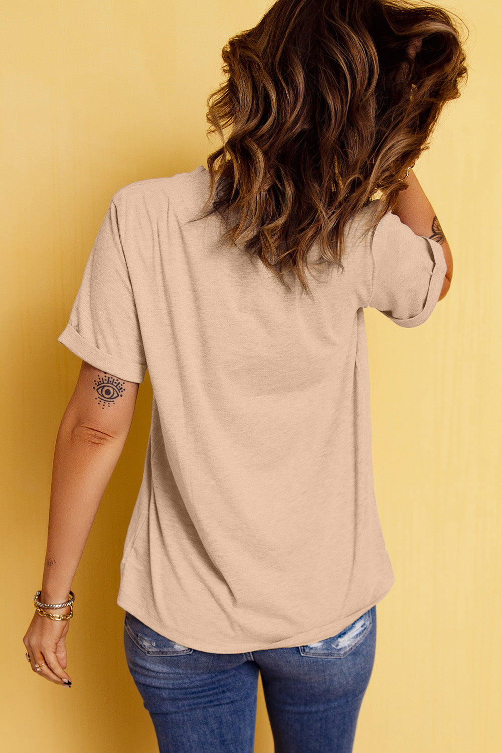 Khaki Sequin Horses Patched Casual Crewneck T Shirt