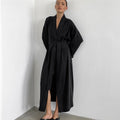 Long Sleeve Solid Color Night Gown with Waist Tie and Slit