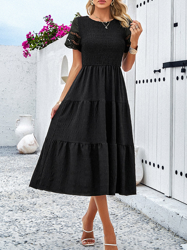 A-Line Loose Elasticity Hollow Solid Color Split-Joint Round-Neck Midi Dresses