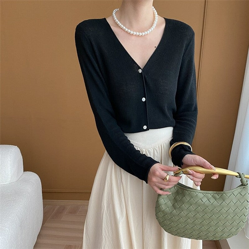 Solid Color V-Neck Ribbed Knit Cardigan