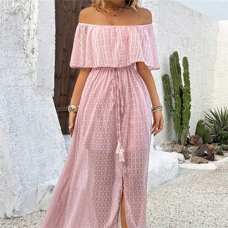 Chic Off-Shoulder Slit Dress in Solid Color