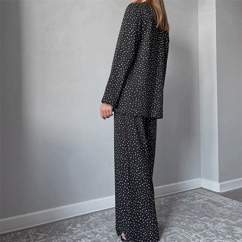 Loose Fit Polka Dot Long Sleeve Top and Pants Lounge Set