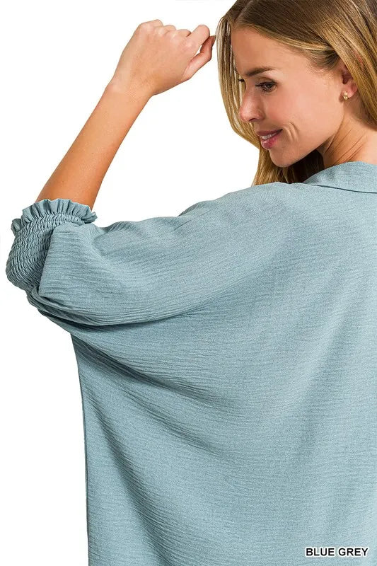 Airflow Collar Tee with Smocked Sleeve Band Top