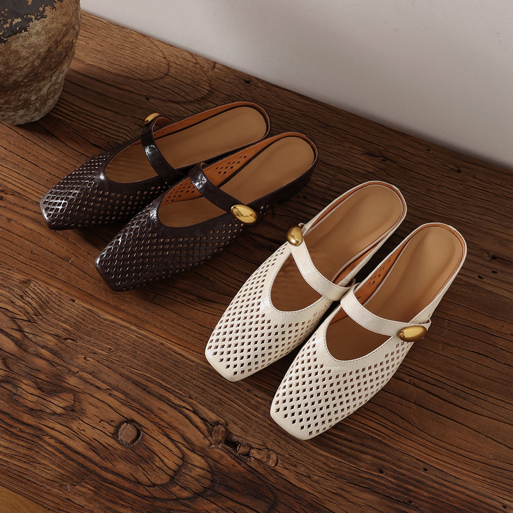 Women's Sheepskin Mary Jane Mules | Perforated Square Toe Low Block Heel Slides
