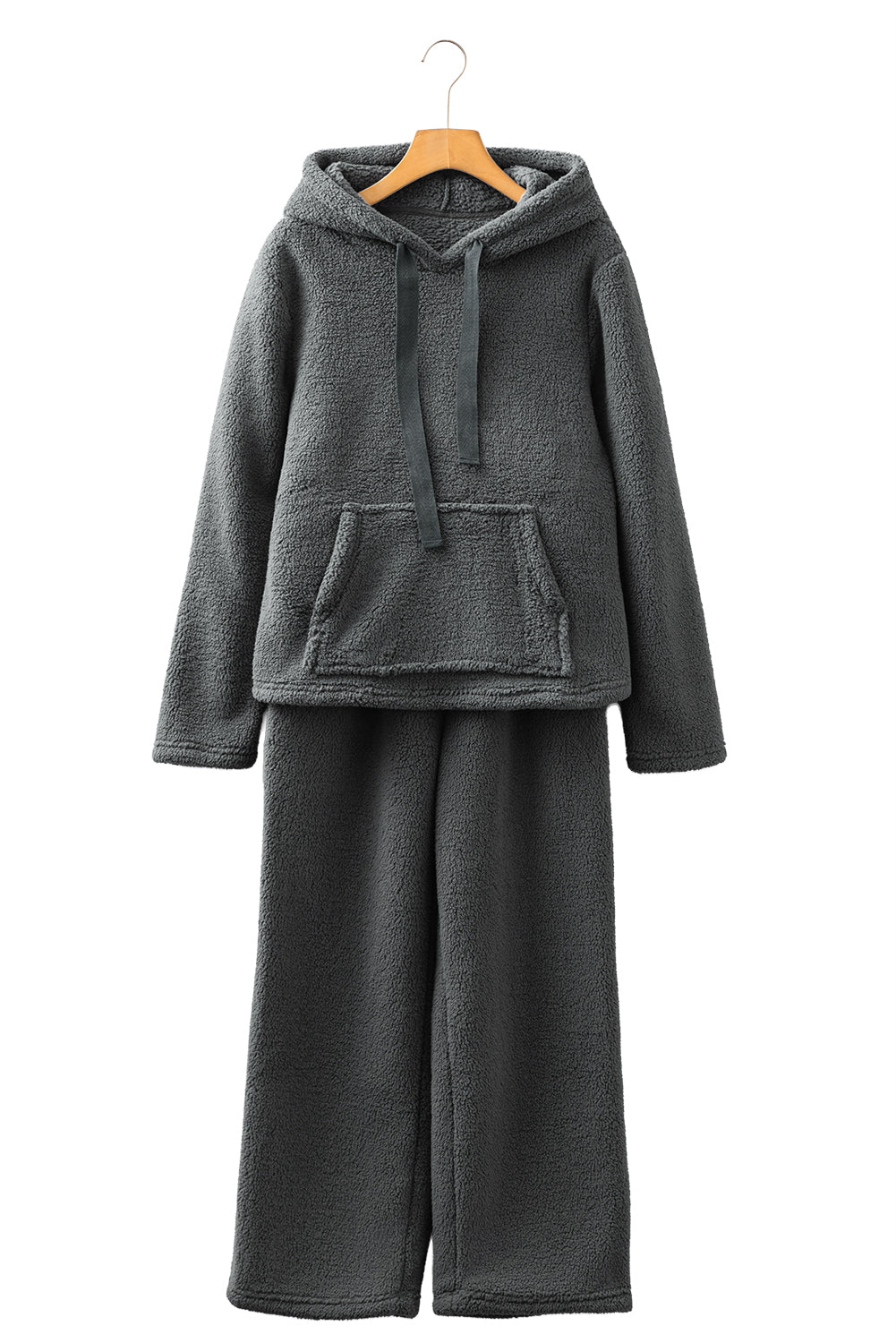 Medium Grey Fuzzy Drawstring Hoodie Lounge Pants 2pcs Set