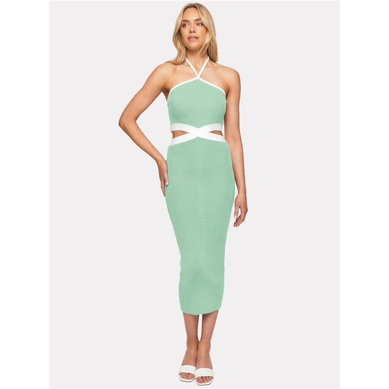 Contrast Color Sleeveless Halterneck Backless Hollow Bodycon Maxi Dress