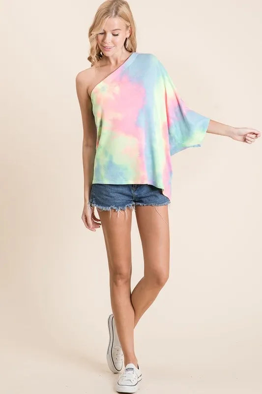 Tie Dye French Terry One Shoulder Top with Dolman