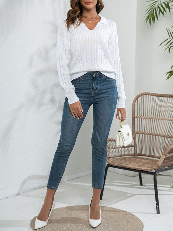 Long Sleeves Loose Solid Color Split-Joint Lapel Sweater Tops