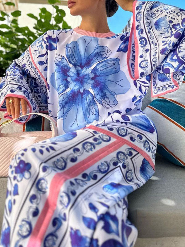 Flared Sleeves Long Sleeves Flower Print Round-Neck T-Shirts Top + Pants Bottom Two Pieces Set