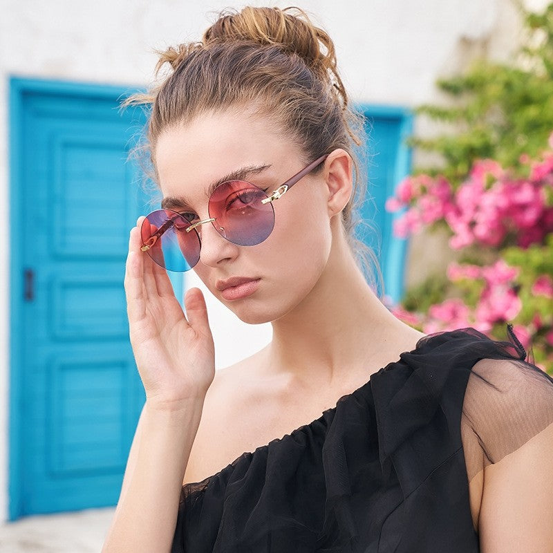Ladies' Rimless Round Wood Grain Cut Edged Sunglasses