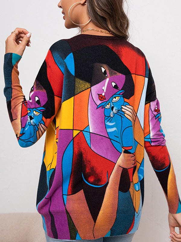 Long Sleeves Loose Animal Printed Figure Round-Neck Knitwear Pullovers Sweater Tops