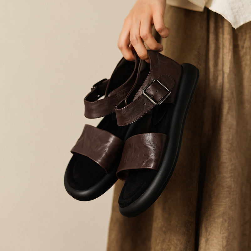 Women's Washed Leather Platform Sandals | Two-Strap Buckle Open-Toe Flats