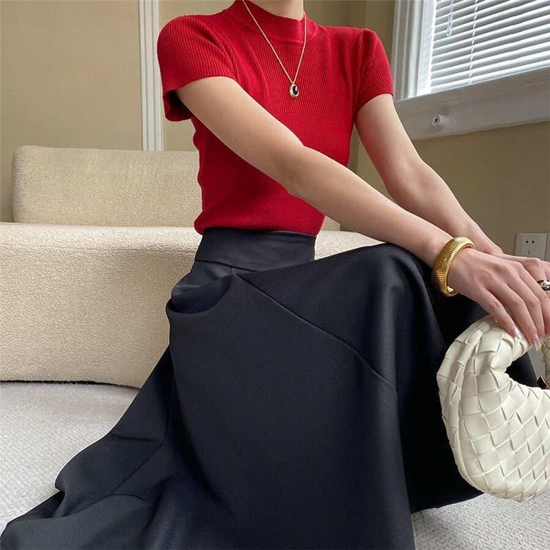 High-Waisted A-Line Midi Skirt in Solid Color