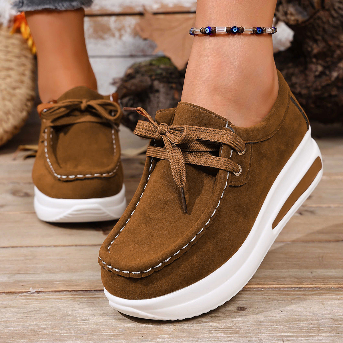 Women's Platform Loafers - Lace-Up Wedge Heel Casual Shoes