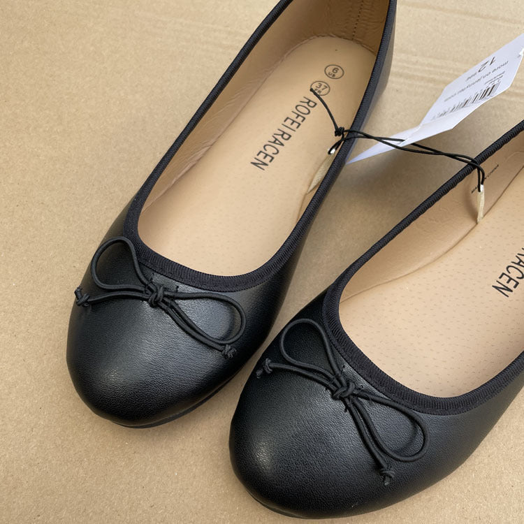 Women's Bow Flat Shoes – PU Leather Slip-On Round Toe Ballet Flats