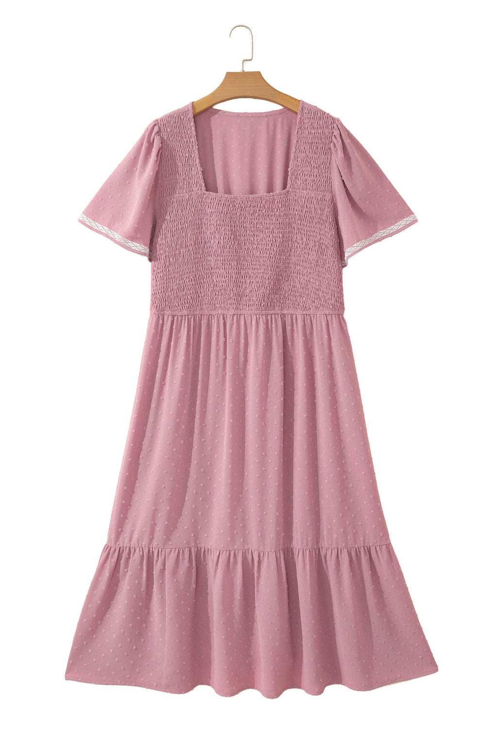 Pink Plus Size Swiss Dot Short Sleeve Smocked High Waist Flowy Midi Dress