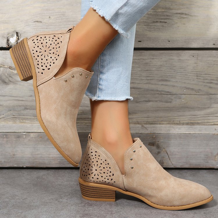 Women's Retro Studded Pointed-Toe Ankle Boots | Chunky Heel Slip-On