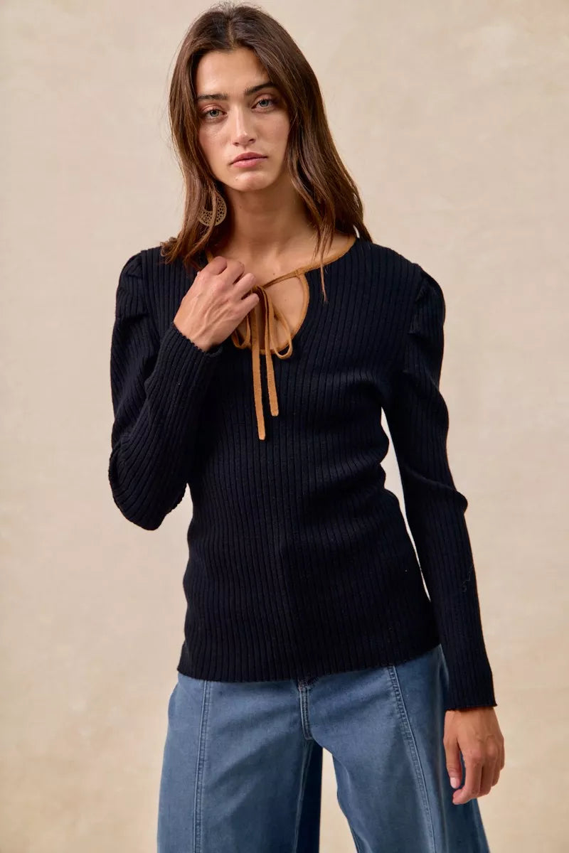 Ribbed Contrast Front Tied Top with Shrried