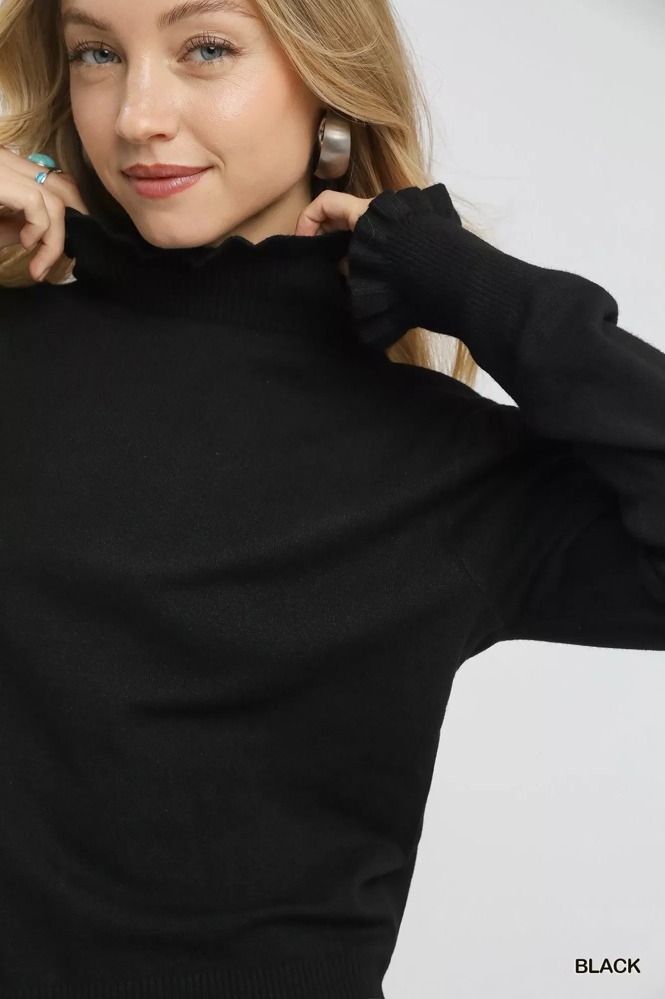 Ruffle Mock Neck Puff Sleeve Sweater