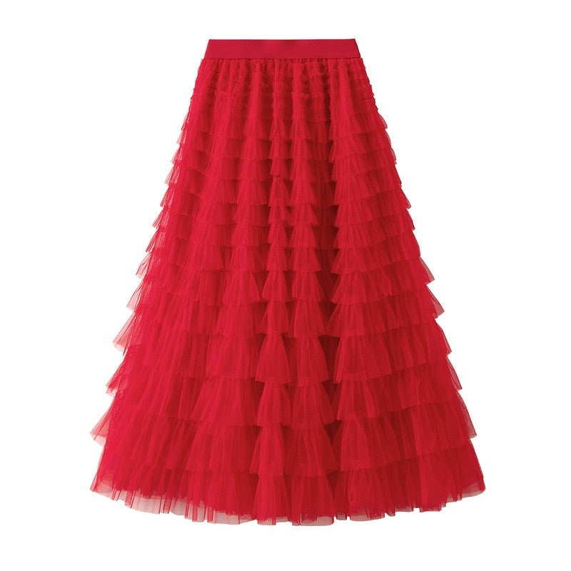 Ruffled A-Line Mesh Cake Skirt with Elastic Waist in Solid Color