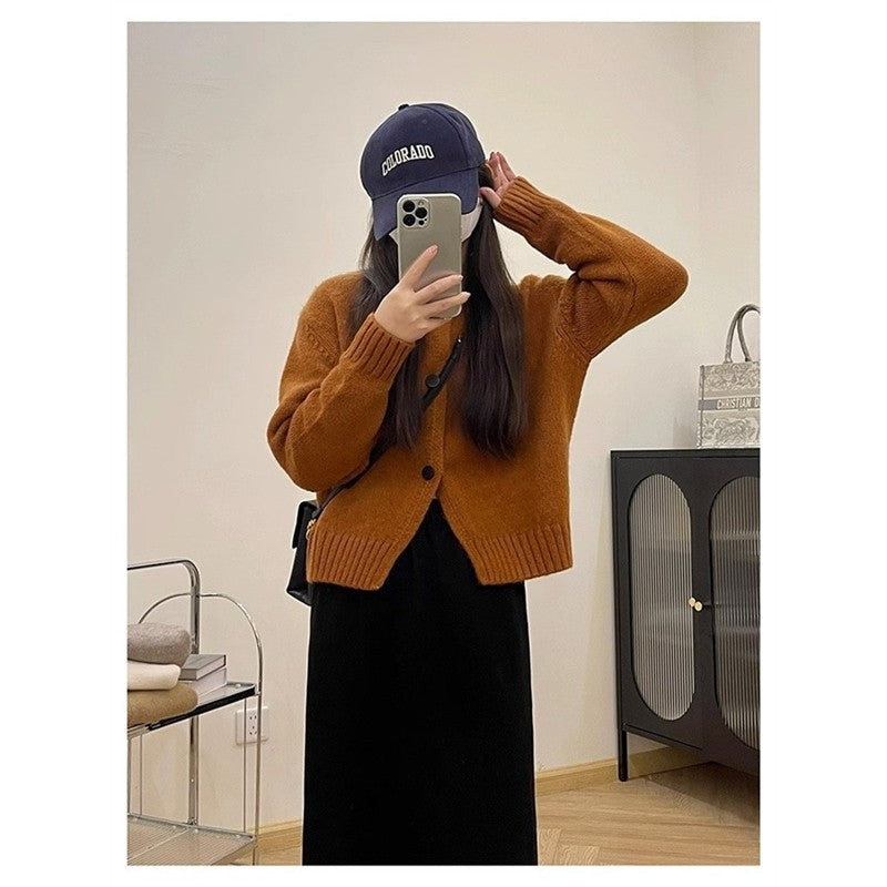 Solid Color Long Sleeve Crewneck Single Breasted Casual Loose Knitted Cardigan