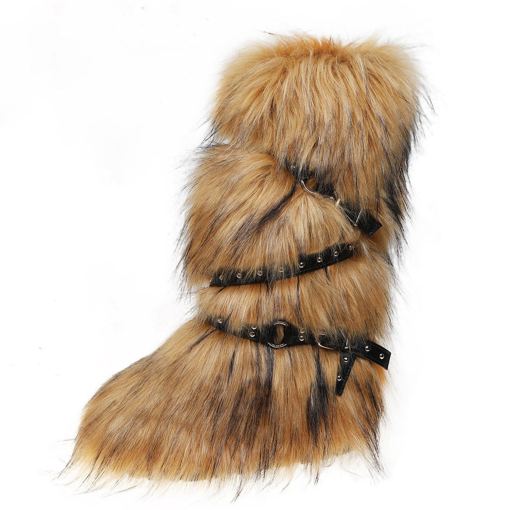 Women's Fur-Lined Mid-Calf Snow Boots | Cross-Strap Buckle | Slip-On Winter Boots