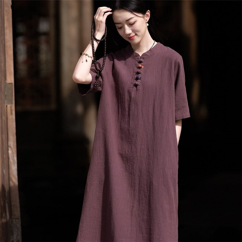 Stand Collar Short Sleeve Cheongsam Dress in Solid Color