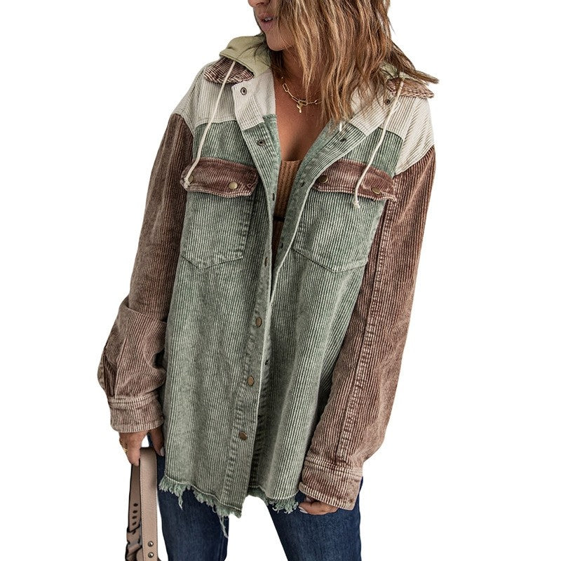 Loose Fit Color Block Hooded Corduroy Jacket