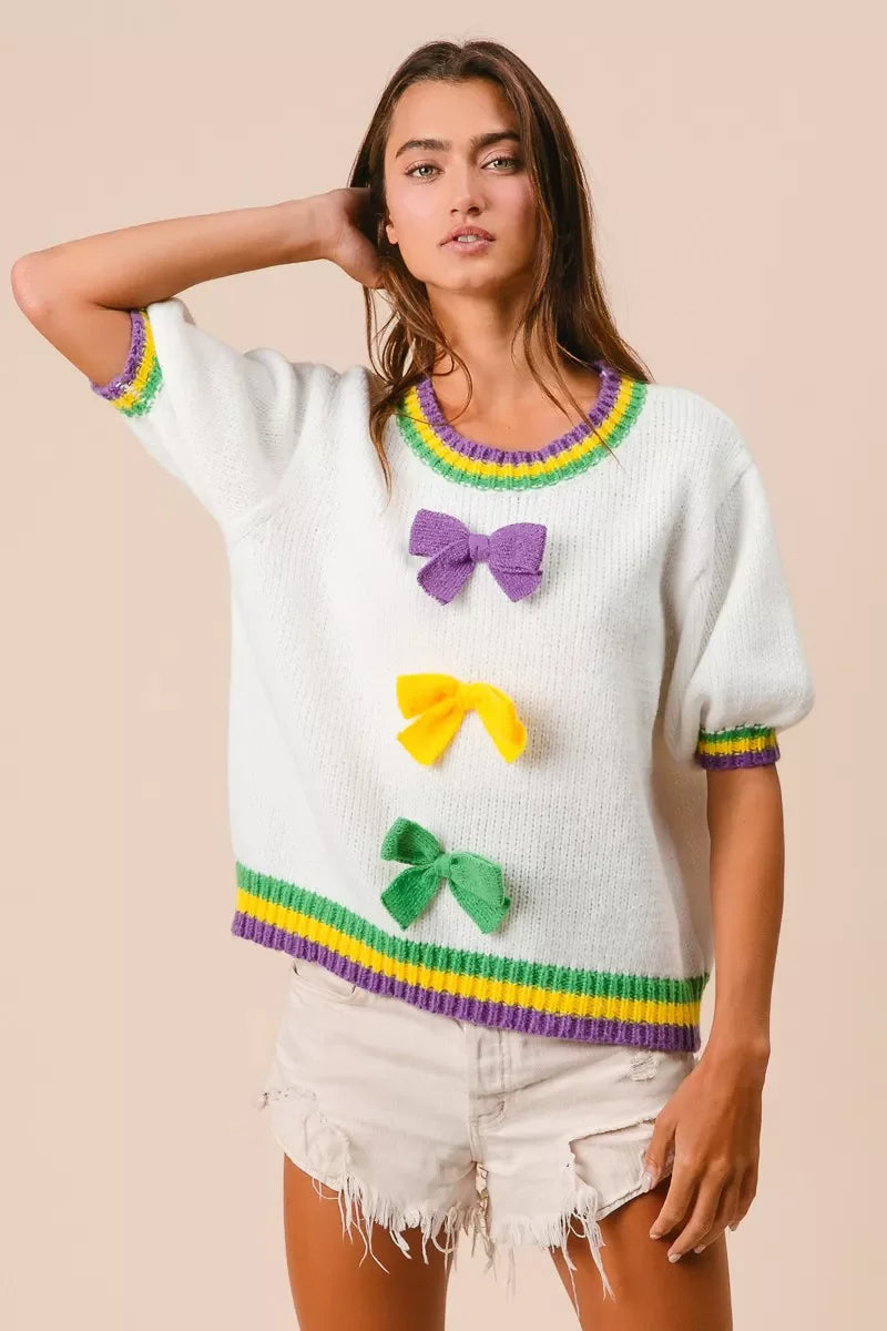 Short Puff Sleeve Ribbon Bow Mardi Gras Sweater