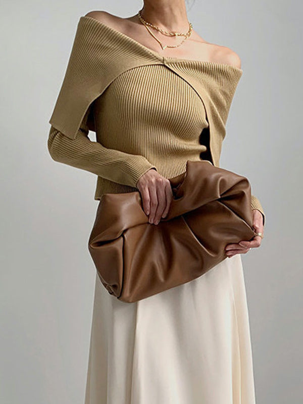 Long Sleeves Skinny Solid Color Lapel Knitted Hats Pullovers Sweater Tops