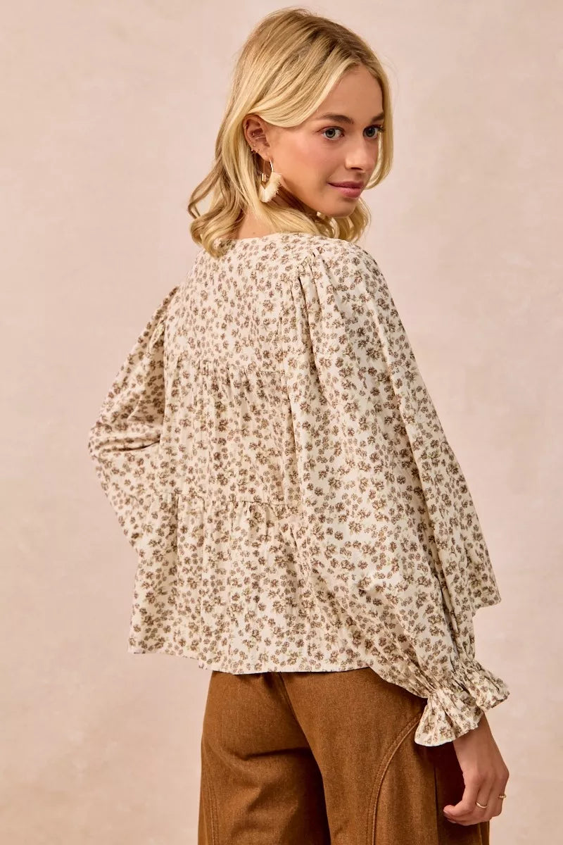 Floral Printed Peplum Blouse with Shirring and Tied