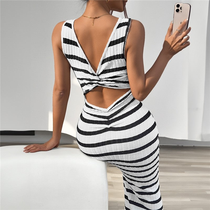 Colorblock Striped Sleeveless Maxi Dress with Crewneck and Back Hollow Detail