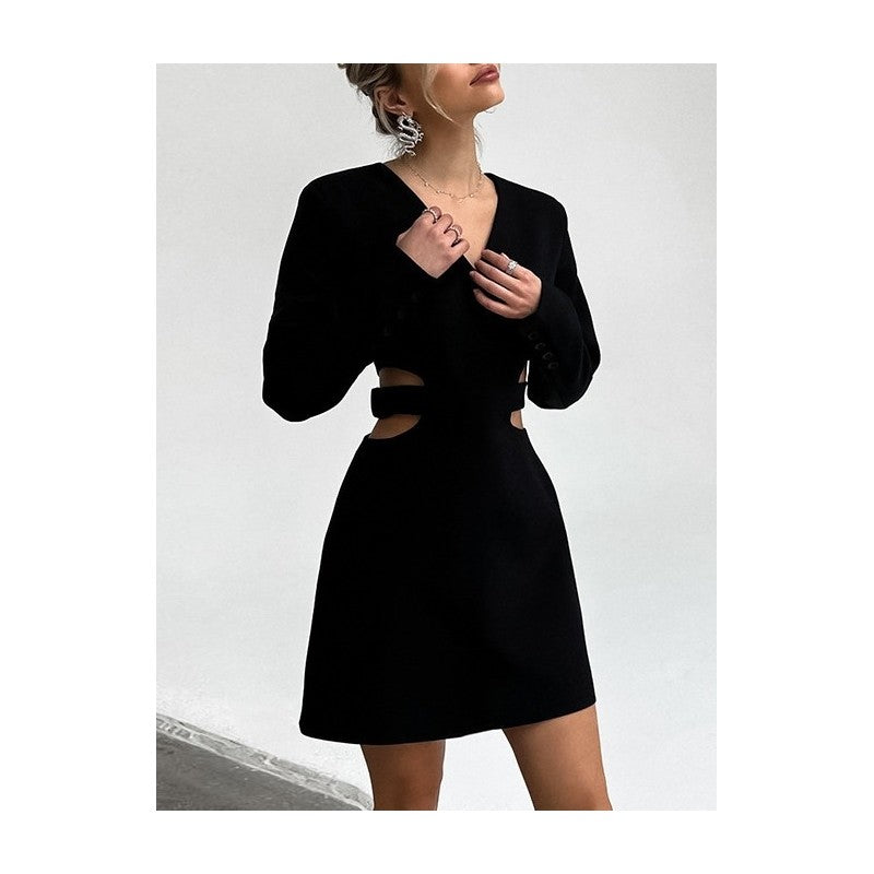 Solid Color Long Sleeve V-Neck Hollow A-Line Mini Dress